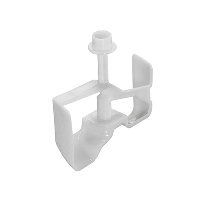 Unold Mischer für EISMASCHINE One 48865 + Uno 48825: Ein weißer Kunststoffclip mit rechteckigem Rahmen und zylindrischen Pfosten, der als Regalstütze oder Montagehalterung verwendet wird.