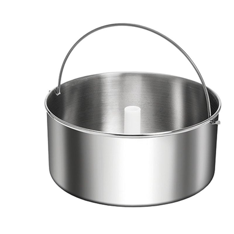 Der Unold Eisbehälter für EISMASCHINE 48870 + 48872 ist eine Eismaschinenschüssel aus Edelstahl mit Metallgriff und weißer Kunststoffspindel, schräg auf weißem Grund abgebildet.