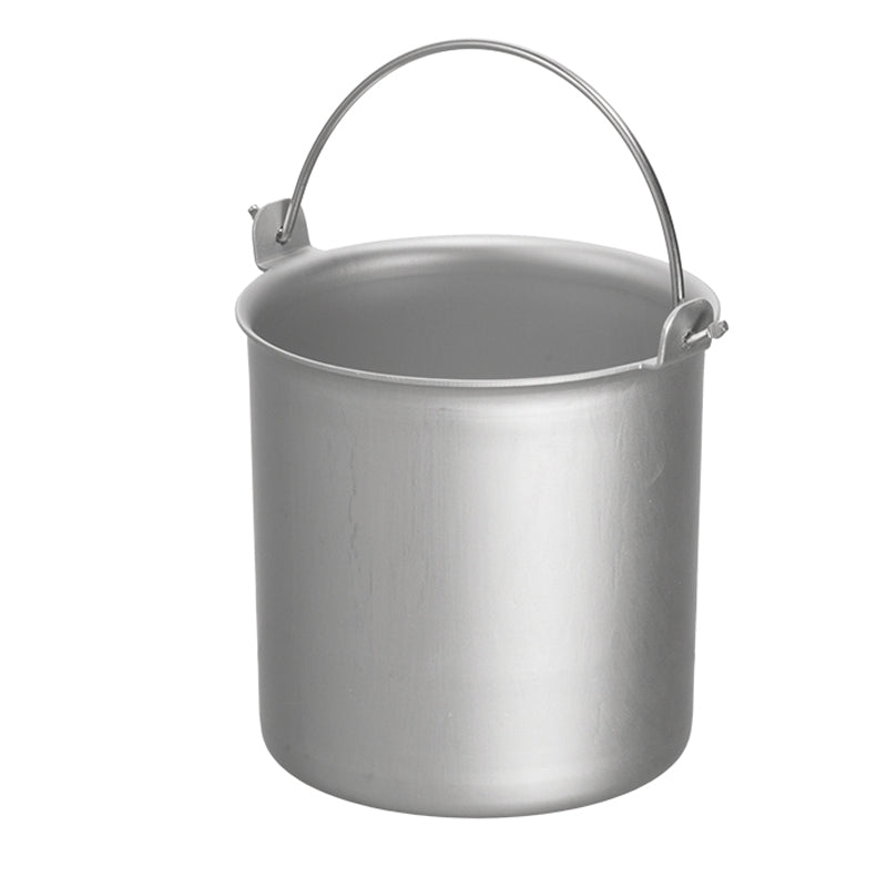 Der Unold Eisbehälter für EISMASCHINE 8875/48820/48840/48879 ist ein schlichter, silberner Metalleimer mit gegenüberliegenden, geschwungenen Henkeln auf weißem Grund.