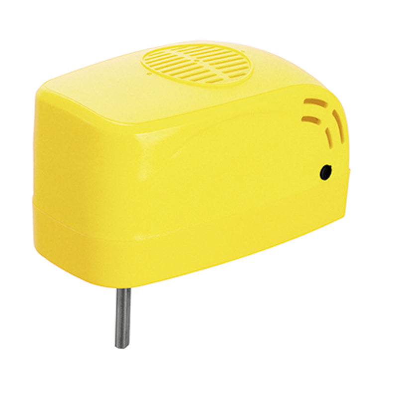 Ein gelbes Kunststoffgerät mit belüfteter Oberseite, kleinem schwarzen Knopf und Metallstift, identifiziert als Motor für EISMASCHINE 48879 von Unold.
