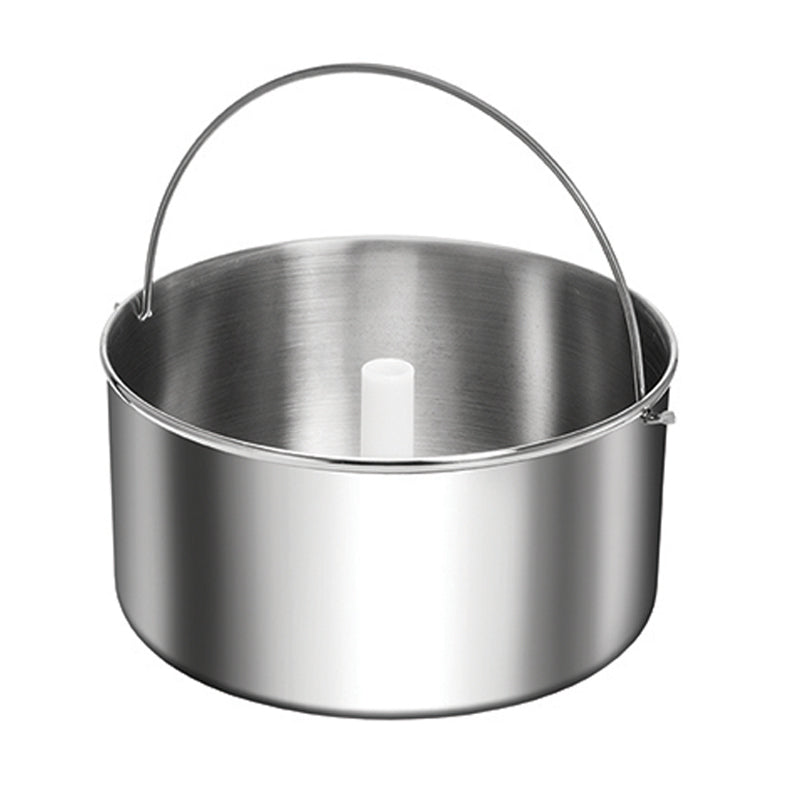 Der Unold Eisbehälter für EISMASCHINE 48880 ist ein glänzender Edelstahleimer mit abgerundetem Henkel und einem zentralen weißen zylindrischen Pfosten auf weißem Hintergrund.