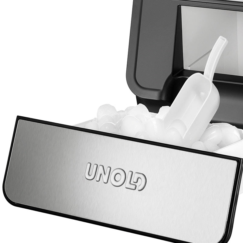 Nahaufnahme eines unold Eiswürfel-Schublade für EISWÜRFELBEREITER Edel 48955, mit einer Schale mit Eiswürfeln und einer weißen Plastikschaufel darin.