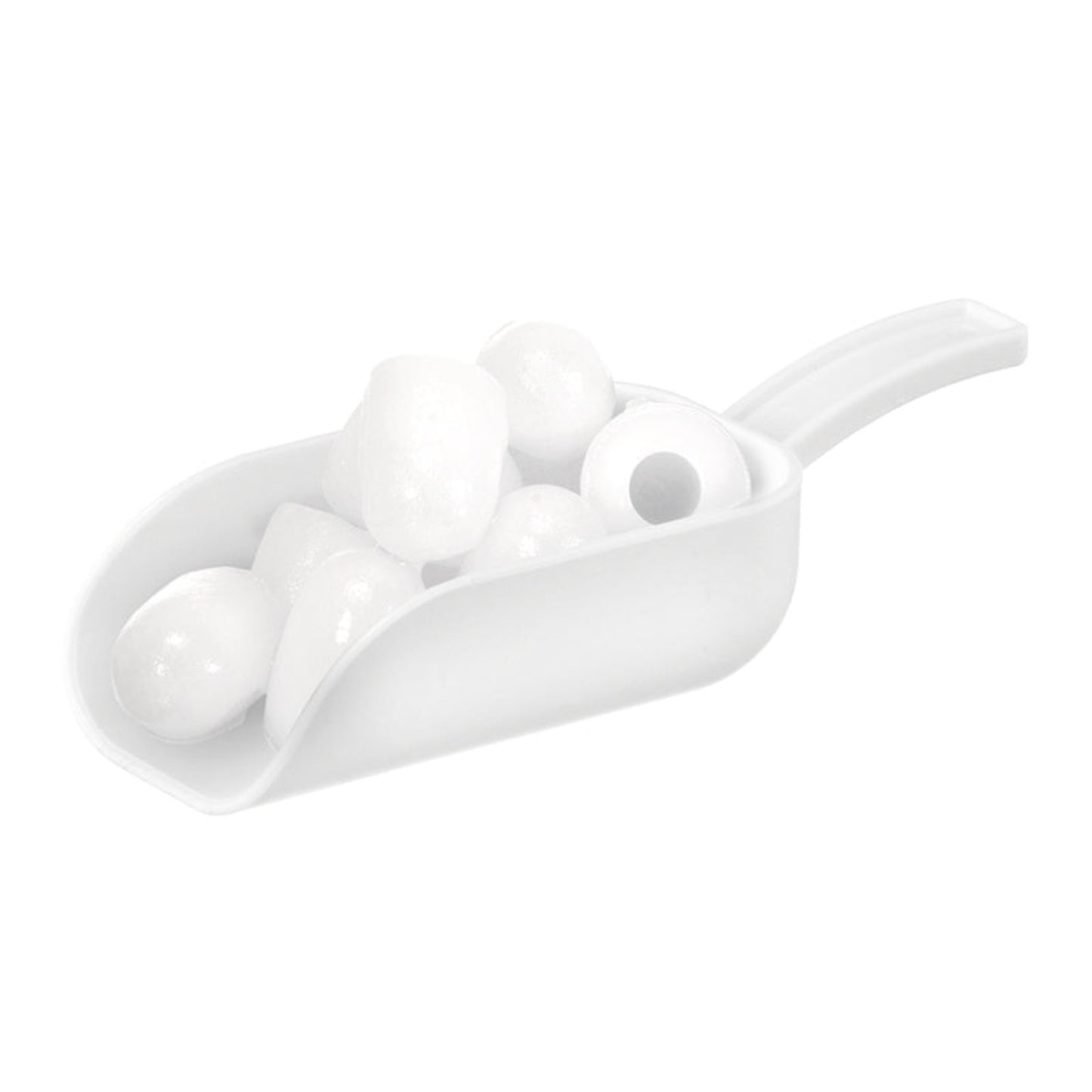 Ein Unold Eiswürfel-Schaufel für EISWÜRFELBEREITER Edel 48955, weiß und aus Kunststoff, ist mit mehreren runden, weißen Eiswürfeln gefüllt und liegt auf einem schlichten weißen Hintergrund.