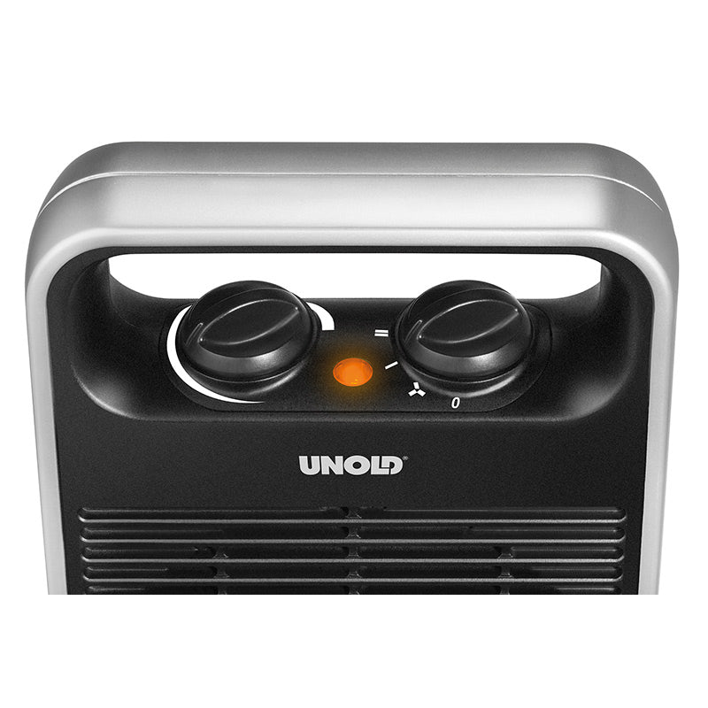 Nahaufnahme der Oberseite eines schwarz-silbernen Heizlüfters vom Typ Unold HEIZLÜFTER HANDLE mit zwei Bedienknöpfen, einer orangefarbenen Kontrollleuchte und dem Markennamen Unold auf der Vorderseite.