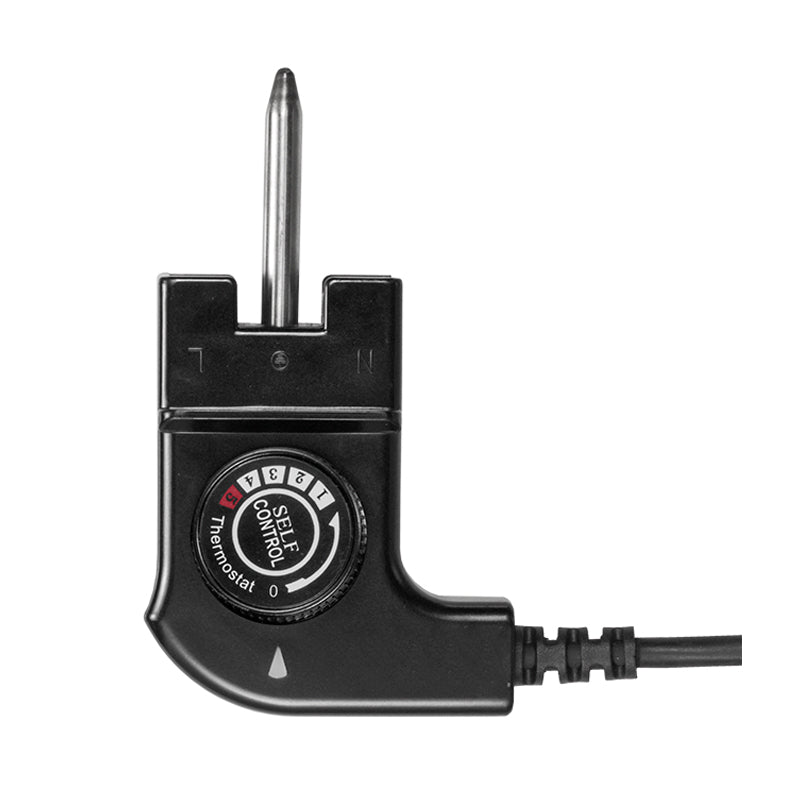 Der Unold Thermostatstecker komplett für BARBECUE-GRILL Edel 58535 ist ein schwarzes elektrisches Temperaturregelgerät mit einer Metallsonde, einem runden Control Master-Drehknopf zur Temperatureinstellung und einem Netzkabel zum Anschluss an Geräte wie Elektrogrills.