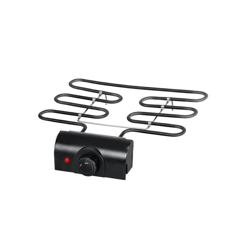 Das Unold Heizmodul für BARBECUE-GRILL Black Rack 58550 ist ein schwarzes elektrisches Grillheizelement mit Drehknopf und roter Kontrollleuchte. Seine rechteckigen, gewickelten Spulen ermöglichen den einfachen Einbau in Grills oder Öfen.