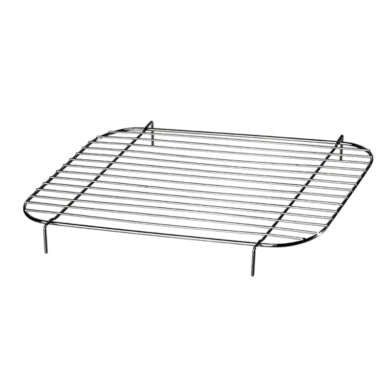 Der Unold Grillrost für BARBECUE-GRILL Black Rack 58550 ist ein quadratischer Metallrost mit dünnen, parallelen Stäben und vier kurzen Beinen mit abgerundeten Ecken – ideal zum Abkühlen von Backwaren oder zum Aufbewahren heißer Speisen.