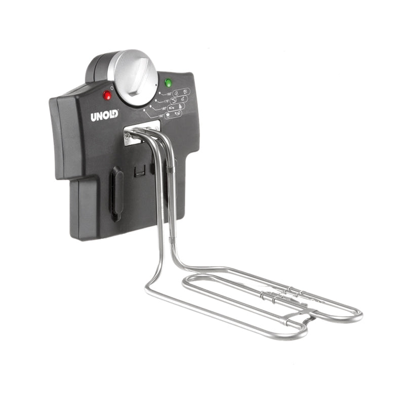 Das Unold Heizmodul komplett für FRITTEUSE Edelstahl 58746 ist ein schwarz-silbernes elektrisches Heizelement mit Bedienfeld, Temperaturregler und Kontrollleuchten zum Erhitzen oder Kochen von Flüssigkeiten. Die Marke Unold ist auf der Vorderseite gekennzeichnet.