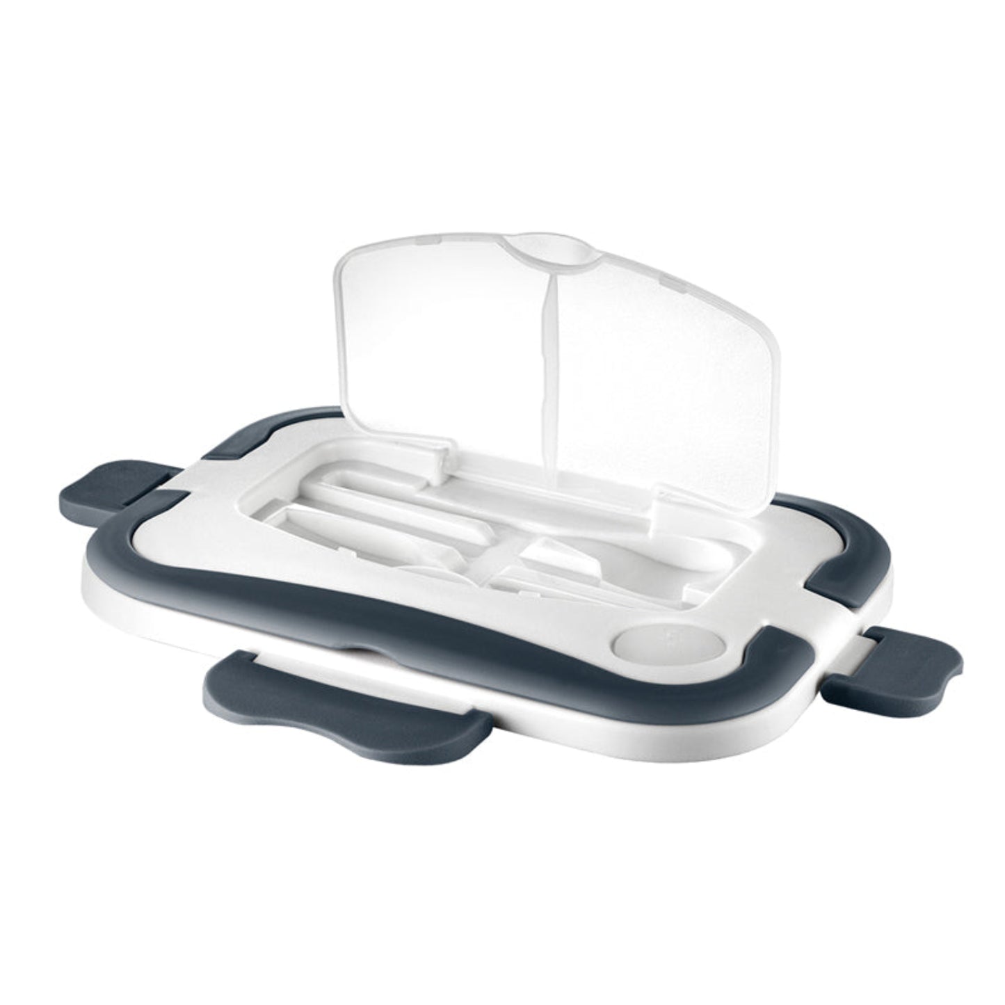 Der Unold Deckel (komplett) für LUNCHBOX 58850 ist ein rechteckiger Kunststoffdeckel in Weiß und Grau mit abgerundeten Kanten und einem transparenten Deckel mit Scharnier, der teilweise geöffnet werden kann, um die geformten Fächer im Inneren freizugeben.