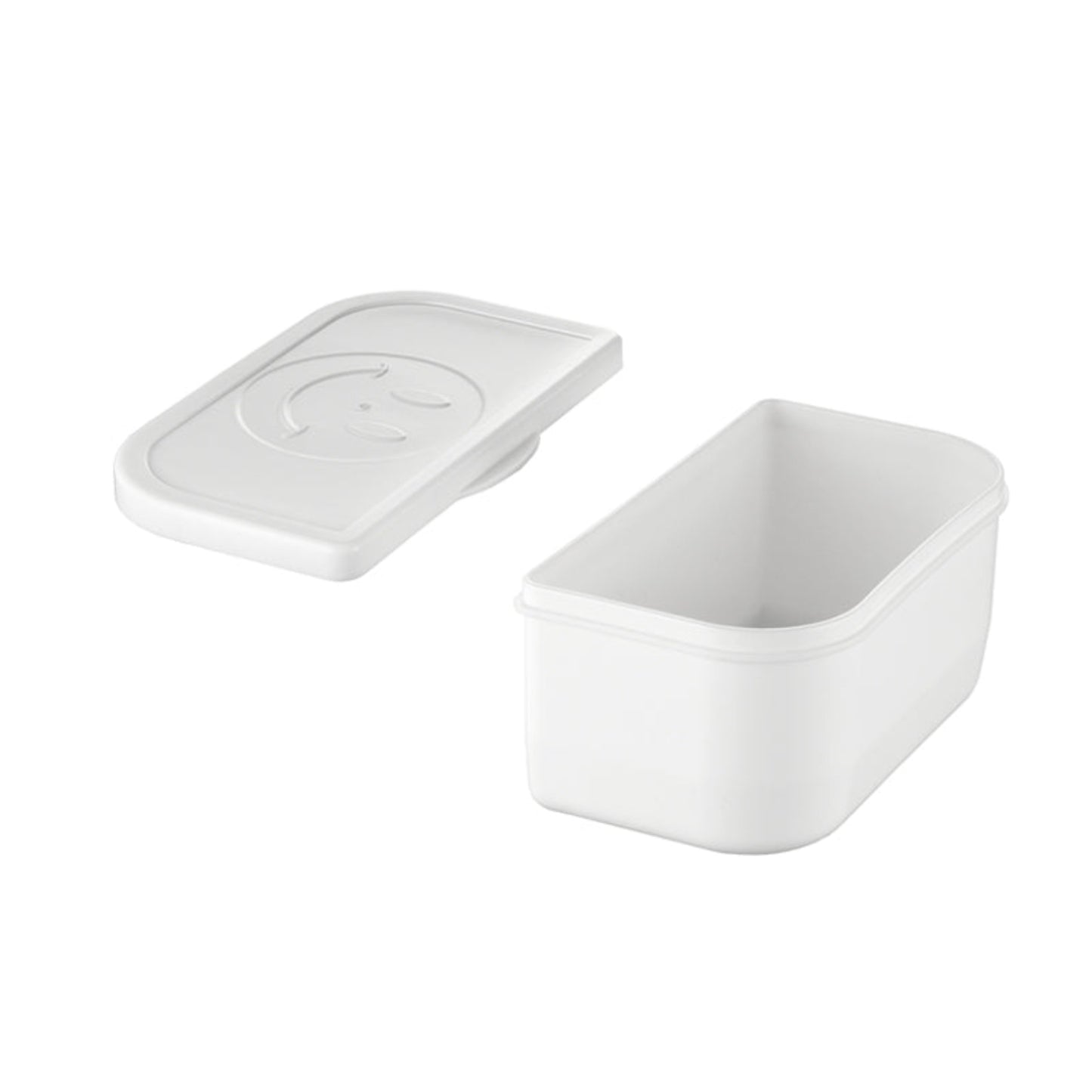 Der Unold Kunststoff-Innenbehälter mit Deckel für LUNCHBOX 58850 ist ein weißer, rechteckiger Kunststoffbehälter mit abgerundeten Ecken und passendem Deckel mit schlichtem Prägedesign.