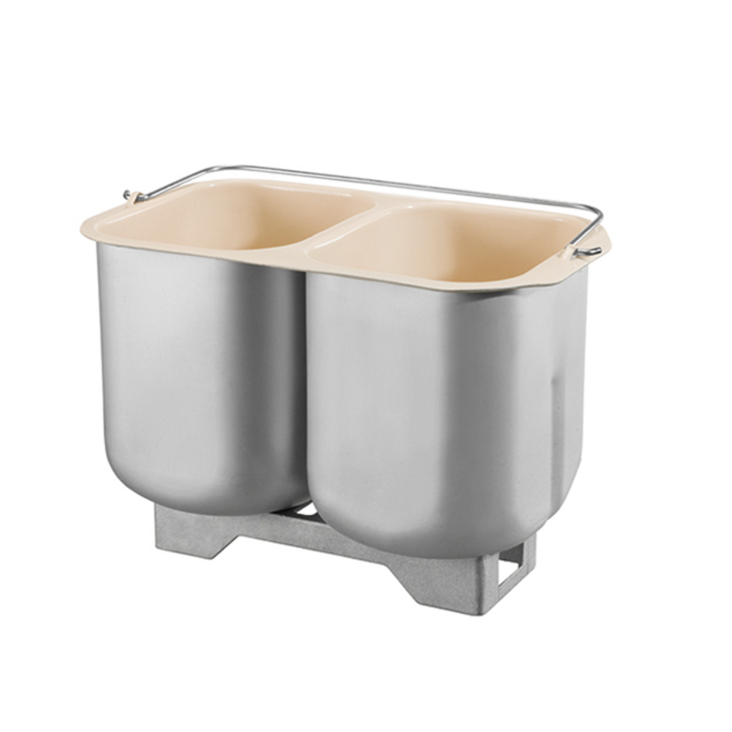 Die Unold Backform - Doppelbackform für BACKMEISTER Extra 68511 ist ein Edelstahl-Doppelkammerbehälter mit beigem Innenraum, Metalltragegriff und steht auf einem kleinen rechteckigen Sockel.