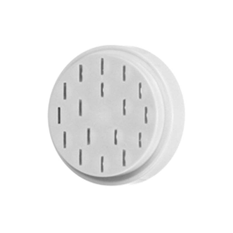 Die Matrize Tagliatelle für NUDELMEISTER 68801 von Unold ist ein runder, weißer Kunststoffaufsatz mit gleichmäßig angeordneten rechteckigen Schlitzen auf der Vorderseite, die einer Entlüftung ähneln; abgebildet vor einem schlichten weißen Hintergrund.