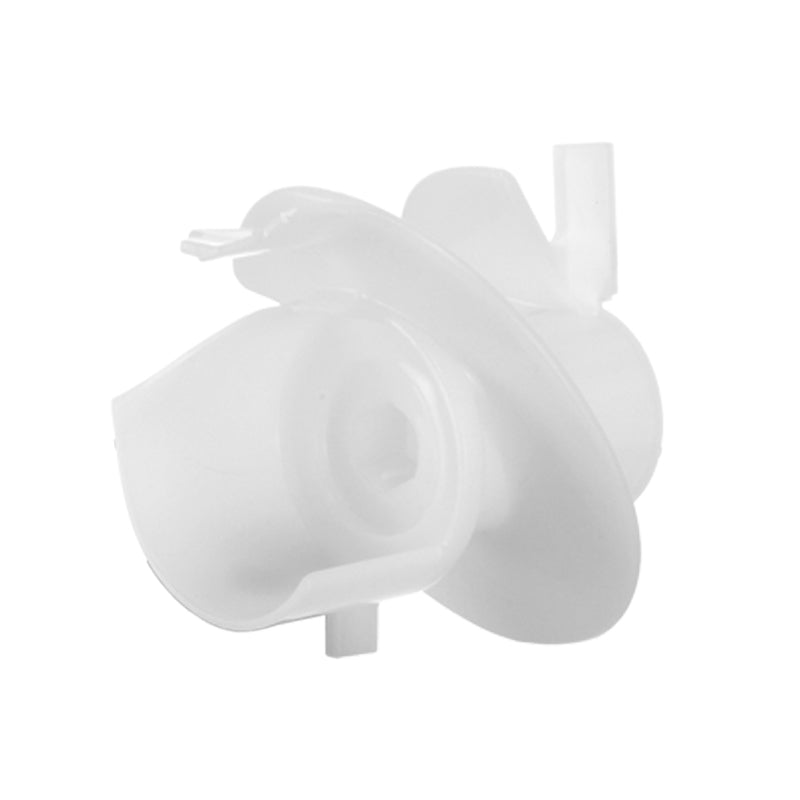 Ein weißer Kunststoff-Kneter für NUDELMEISTER 68801 von Unold mit zylindrischer Basis, gebogenen Lamellen und mehreren hervorstehenden Laschen, präsentiert vor einem schlichten weißen Hintergrund.