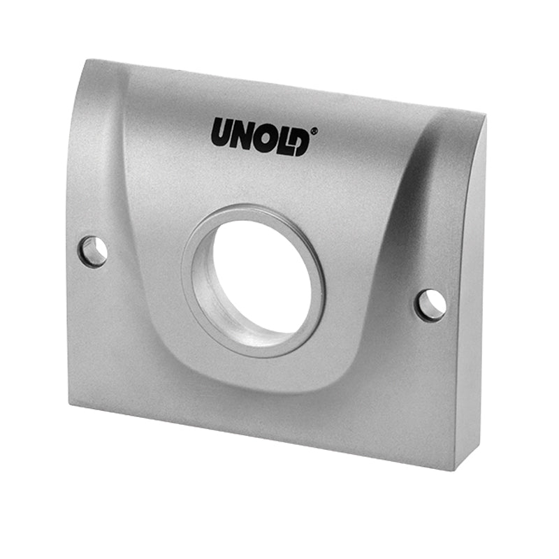 Eine silbermetallische, rechteckige Metall-Blende für NUDELMEISTER Pasta 68860 von Unold mit einem runden Loch in der Mitte, zwei kleineren Löchern an den Seiten und dem Unold-Logo oben.