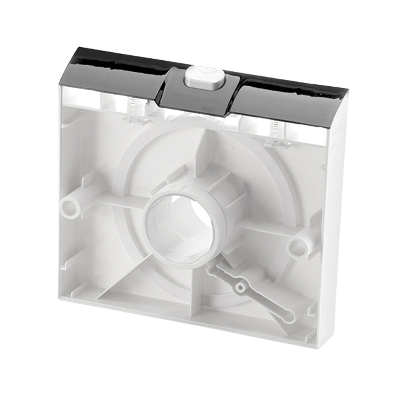 Die Unold Kunststoff-Frontabdeckung für NUDELMEISTER Pasta 68860 ist eine quadratische, durchscheinende Kunststoffabdeckung mit einer kreisförmigen Öffnung in der Mitte, einer schwarzen Oberkante und einem weißen Knopf sowie sichtbaren inneren Stützen und kleinen mechanischen Teilen.