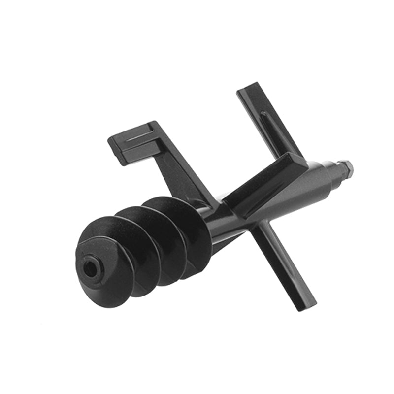 Der Unold Kneter für NUDELMEISTER Pasta 68860 ist ein schwarzer, spiralförmiger Mixer mit spitzer Spitze und zwei flachen Flügeln am Schaft, der für die Zubereitung von Nudelteig konzipiert ist.