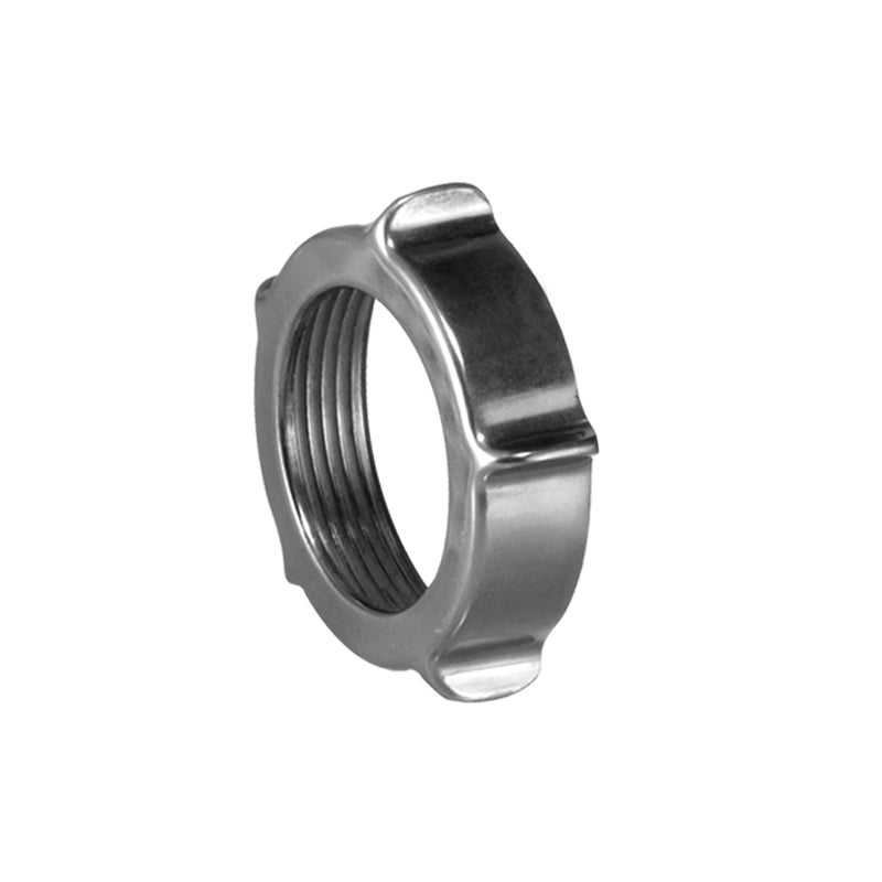 Der Unold Verschlussring für FLEISCHWOLF 78131 ist eine metallische Kontermutter mit vier gleichmäßig verteilten erhabenen Laschen am Rand und sichtbarem Innengewinde, abgebildet vor einem weißen Hintergrund zur Sicherung von Fleischwolfkomponenten.