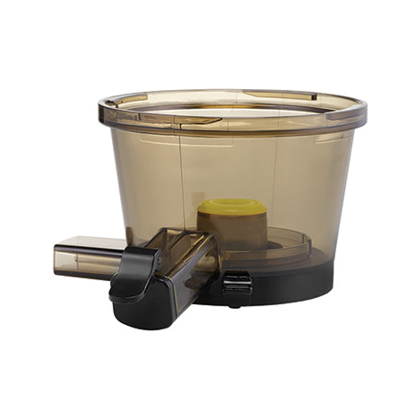 Eine transparente Pressschale aus braunem Kunststoff mit gelbem Mittelknopf und aufgesetztem Ausguss, konzipiert für das Küchengerät Unold SLOW JUICER 78255.