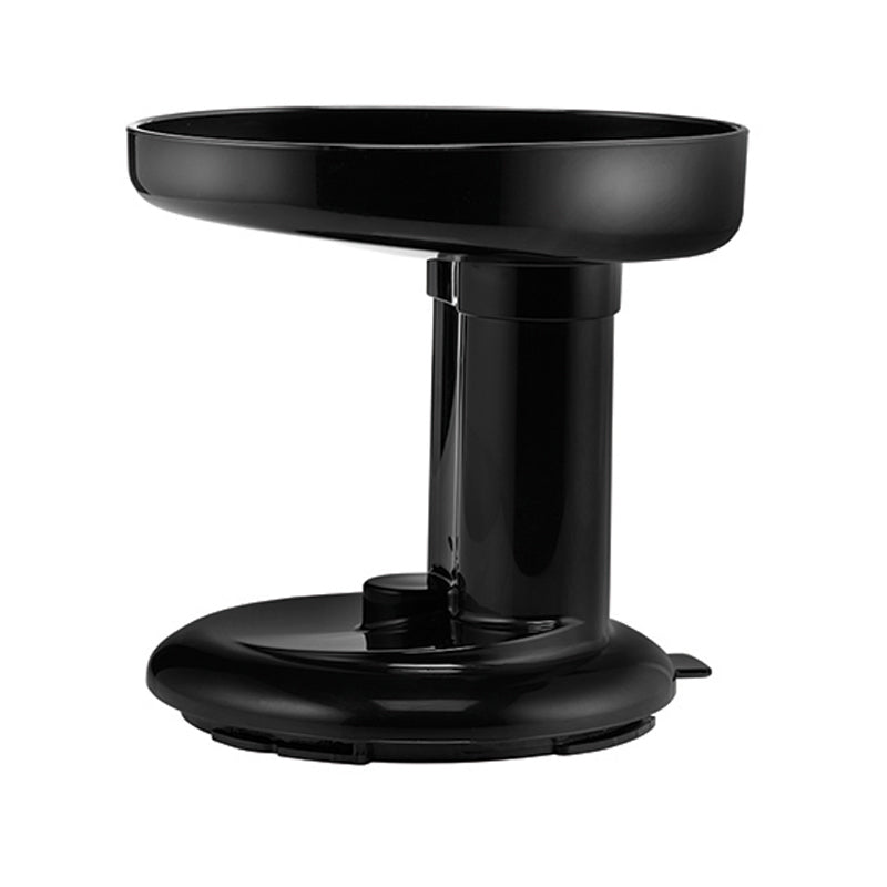 Der Unold Deckel mit Einfüllschale für SLOW JUICER 78255 verfügt über ein modernes, elegantes schwarzes ovales Design mit einer erhöhten Schüssel und einem zylindrischen Boden.