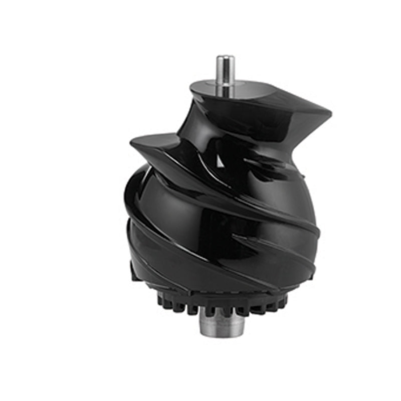 Eine glänzend schwarze Schnecke für SLOW JUICER 78255 von Unold mit einem glatten, spiralförmigen Design und metallischen Schäften an beiden Enden, isoliert auf weißem Hintergrund.