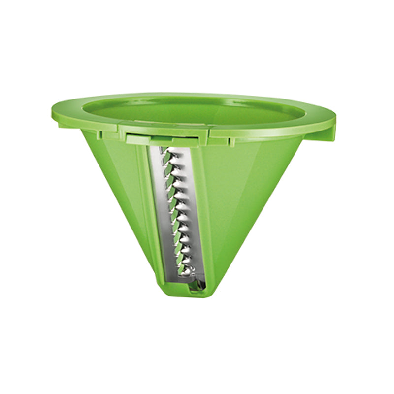 Der Unold Schneideinsatz 3,5 mm für Spiralschneider 78402 ist ein grünes, kegelförmiges Küchenwerkzeug mit eingebauter Metallklinge zum Schneiden oder Reiben von Gemüse, aus einem Winkel abgebildet, der die scharfe Kante hervorhebt.