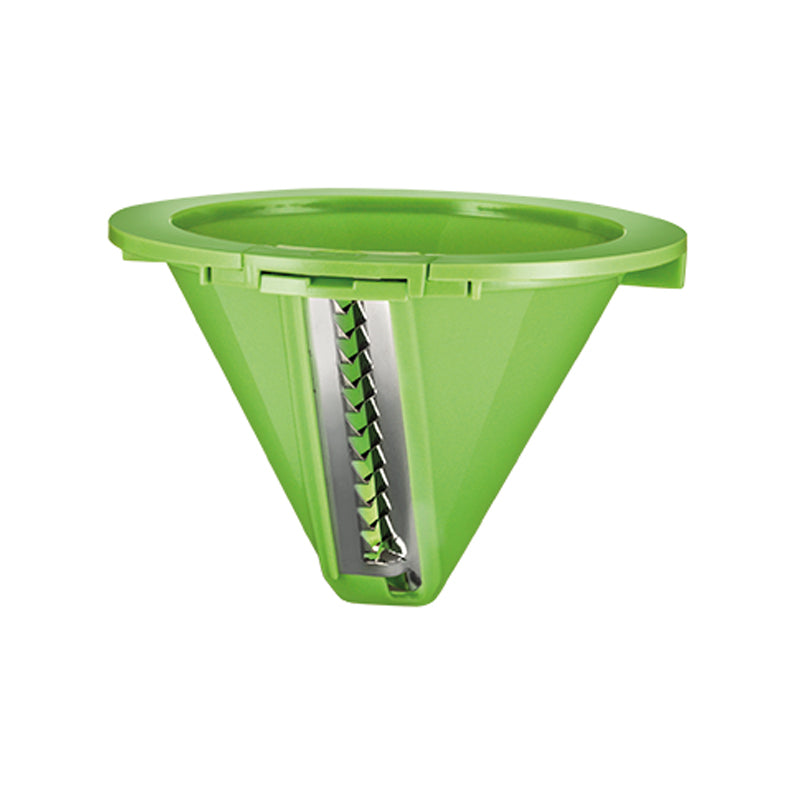 Der Unold Schneideinsatz 5 mm für Spiralschneider 78402 ist ein grüner, kegelförmiger Handspiralschneider mit Metallklinge zum Herstellen von Gemüsenudeln oder -spiralen.