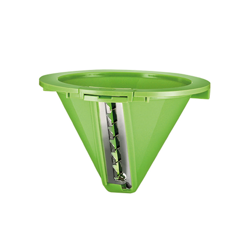 Der Unold Schneideinsatz 8 mm für SPIRALSCHNEIDER 78402 ist ein grünes, kegelförmiges Zubehör für den Gemüsespiralschneider mit eingebauter Metallklinge, weiter Öffnung oben und vertikaler Klinge zum Erstellen perfekter Spiralschnitte.