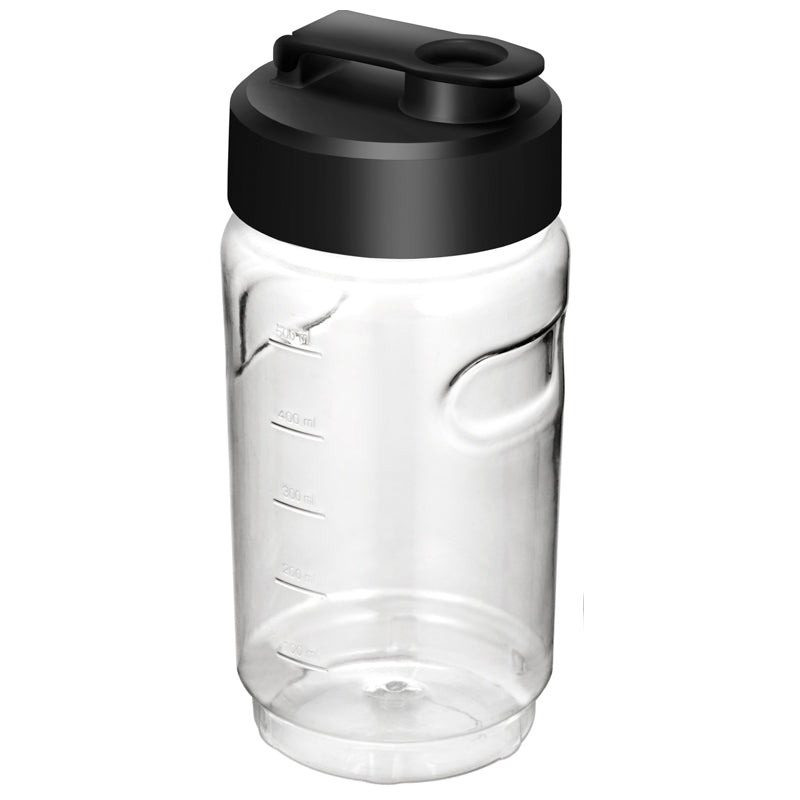 Der Unold Kunststoff-Trinkbehälter mit Deckel 600 ml für STANDMIXER To Go 78685 ist eine durchsichtige Plastikflasche mit Messmarkierungen und einem schwarzen Schraubdeckel mit Klappauslauf.