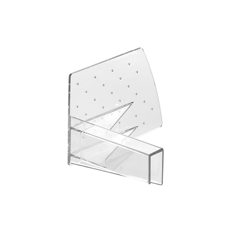 Der Unold Restehalter für ALLESSCHNEIDER 78826 ist eine durchsichtige, L-förmige Regalhalterung aus Acryl mit rechteckiger Basis und vertikaler Rückplatte mit kleinen Löchern, die für die Wandmontage vorgesehen ist.