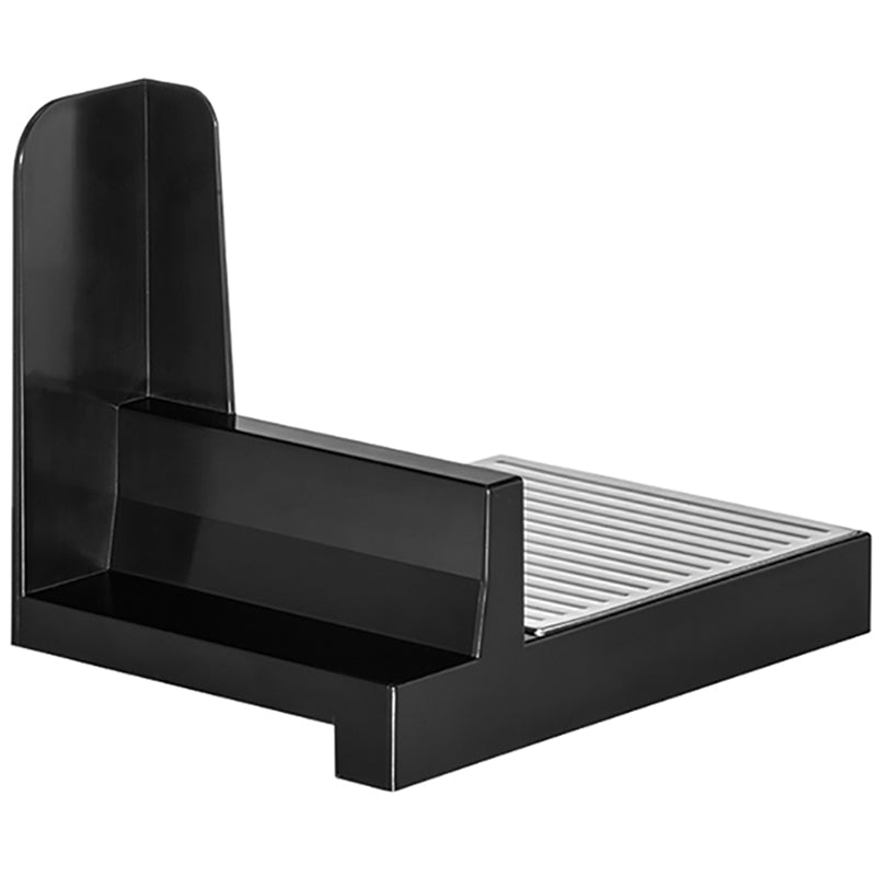 Der Unold Schlitten für ALLESSCHNEIDER 78826 verfügt über ein modernes schwarzes L-förmiges Metalldesign mit einem silbernen Lamellengitter auf der einen Seite und massiven schwarzen Platten, die zwei senkrechte Wände und die Basis bilden.