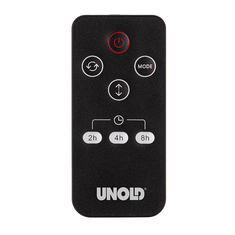 Eine schwarze Unold KERAMIK-HEIZLÜFTER 3D-Fernbedienung mit Tasten für Ein/Aus, Modus, Auf-/Ab-Pfeile, ein Uhrensymbol und 2h/4h/8h-Timer-Einstellungen.