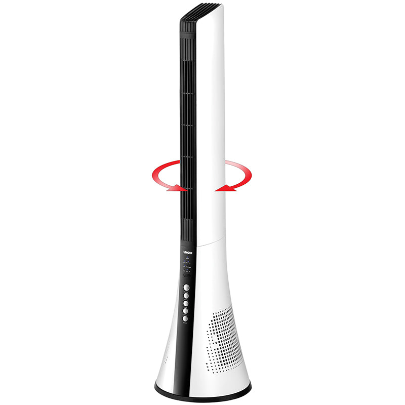 Der Unold TURMVENTILATOR VIEW ist ein hoher, moderner Turmventilator in Weiß mit schwarzem Bedienfeld und Lüftungsschlitzen. Rote Pfeile heben seine oszillierende Bewegung hervor. Er zeichnet sich durch ein schlankes, konisches Design aus und steht auf einem breiten Standfuß.
