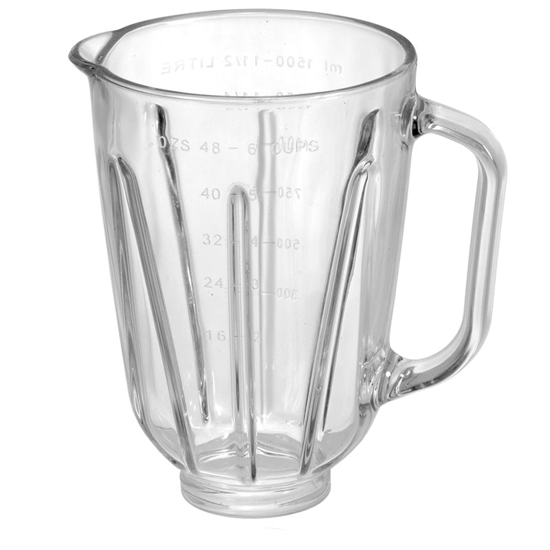 Der Unold Glaskrug für STANDMIXER 8865 ist ein durchsichtiger Mixbecher aus Glas mit Messmarkierungen, einem Griff auf der rechten Seite, einem Ausgießer auf der linken Seite und einem offenen Boden zur Befestigung an einem Mixersockel.