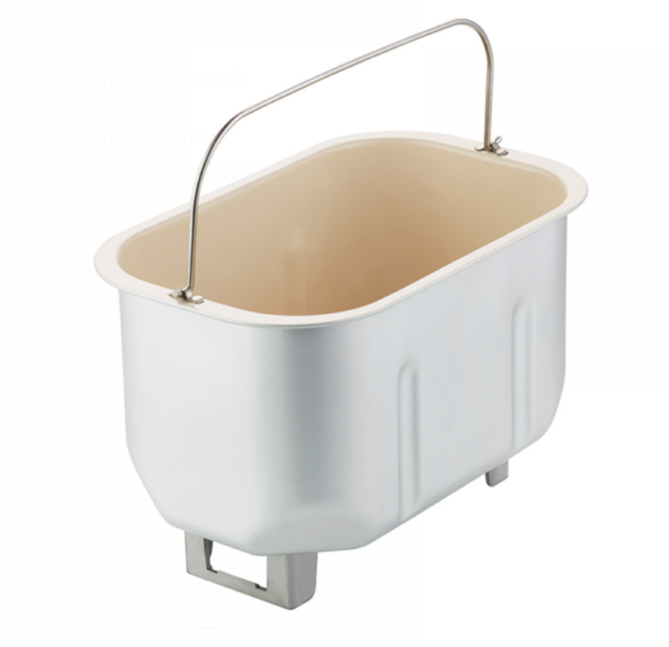 Die Unold Backform Keramik-Beschichtung für Backmeister Big ist eine rechteckige Brotform aus Metall mit cremefarbener Innenseite, Griff oben und kleinen Füßen, die für die Verwendung mit Brotbackautomaten konzipiert ist.