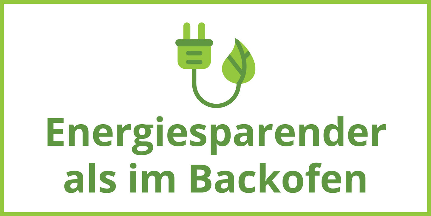 Grüne Abbildung eines Netzsteckers mit Blatt, darüber der deutsche Text „Energiesparender als im Backofen“, Hervorhebung der Unold Fritteuse Kompakt, auf weiß mit grünem Rand.