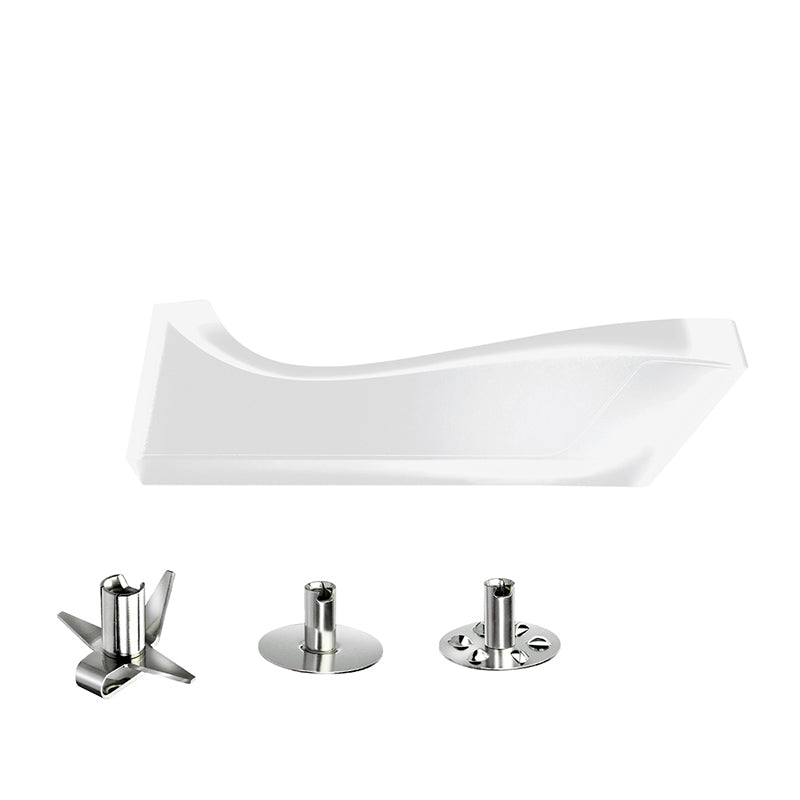 Der Unold ESGE-Zauberstab® Akku PRO Weiß 95307 2 Akku ist oben auf drei metallischen Rühr- und Schlagaufsätzen abgebildet, die alle auf weißem Hintergrund dargestellt sind.