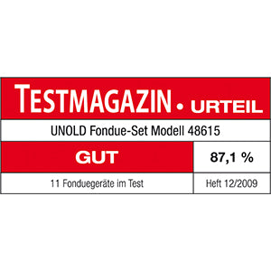 Ein Testsiegel zeigt: TESTMAGAZIN URTEIL bewertete das Unold Fondue-Set unter 11 getesteten Geräten mit 87,1 % (GUT), Ausgabe 12/2009.