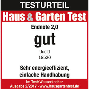 Haus & Garten Test vergibt in der Ausgabe 2/2017 dem Wasserkocher Unold Blitzkocher Design 1,4 L die Note „gut“ (2,0) und lobt dabei seine hohe Energieeffizienz und die einfache Handhabung.
