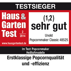 Auszeichnungsetikett mit Testsieger für Unold Popcornmaker Classic, Bewertung sehr gut (1,2) im Haus & Garten Test 2/2014 für hervorragende Popcornqualität und -effizienz.