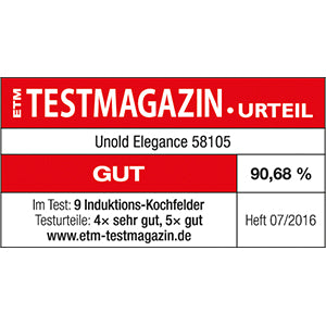 Ein Produkttest des ETM Testmagazins bewertet die Unold Induktionskochplatte Einzel Elégance mit 90,68 % und der Note „Gut“. Getestet: 07/2016. Mehr Infos unter www.etm-testmagazin.de.
