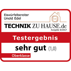 Eine Bewertungsplakette für den Eiswürfelbereiter Edel von Unold aus Technik zu Hause, Ausgabe 8/2017. Testergebnis: sehr gut (1,0) – sehr gut; als Oberklasse eingestuft.