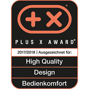 Der Unold Pancake-Maker American trägt das Plus X Award-Logo 2017/18 mit Plus- und X-Symbolen sowie deutschem Text für Auszeichnungen in den Bereichen High Quality, Design und Bedienkomfort.