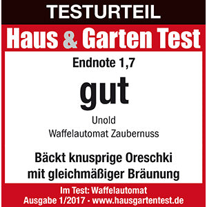 Der Unold Waffelautomat Zaubernuss erhielt von Haus & Garten Test die Note 1,7 (gut) für seine gleichmäßige Bräunung und knusprigen Waffeln. Website und Ausgabedetails finden Sie unten.