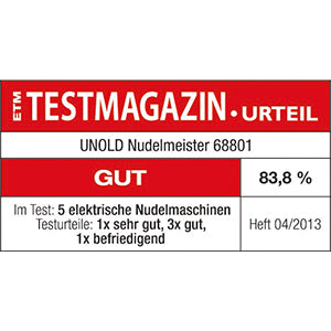 Die Nudelmaschine Unold Nudelmeister wurde vom ETM Testmagazin in der Ausgabe 04/2013 mit 83,8 % als „Gut“ bewertet und erreichte unter den fünf getesteten Modellen ein sehr gutes, drei gute und ein befriedigendes Ergebnis.