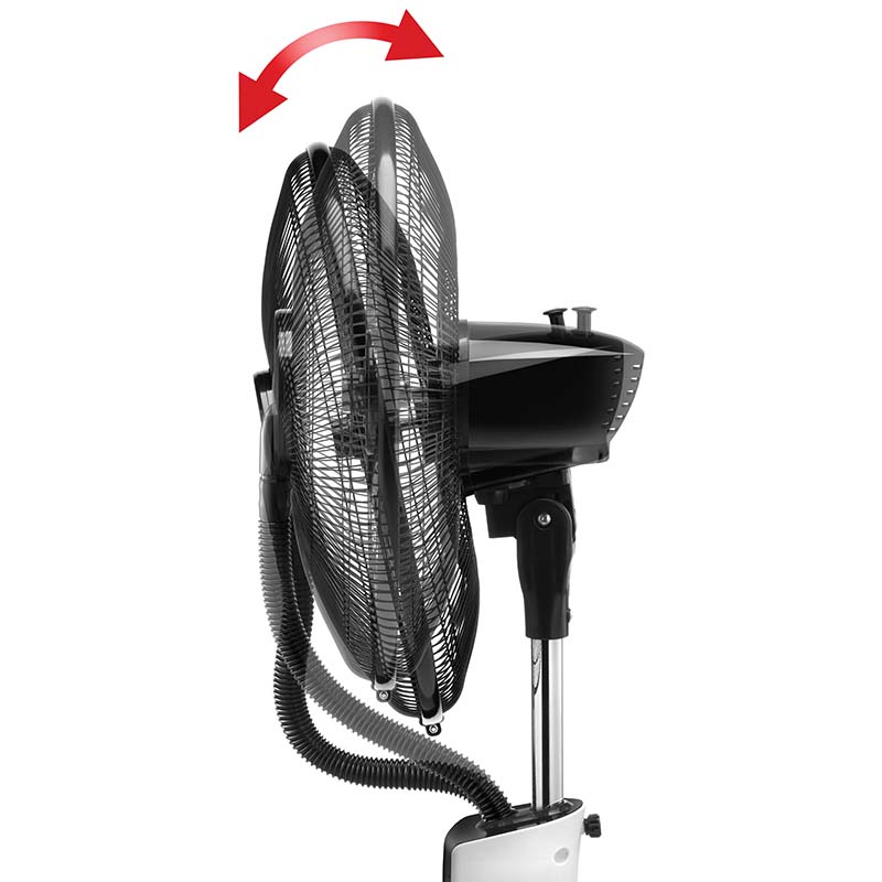 Der Unold STANDVENTILATOR NEBULA TOUCH DIGITAL, ein schwarzer Standventilator mit Vernebelungsfunktion, ist in der Darstellung nach vorne und hinten neigbar, verdeutlicht durch einen roten Doppelpfeil über dem Ventilator.