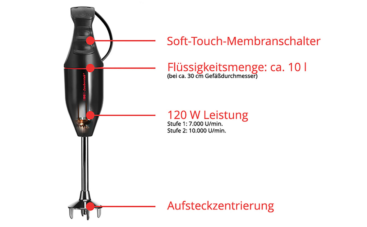 Ein schwarzer ESGE-Zauberstab 901295 M 100 Stabmixer (Stabmixer schwarz) mit deutschen Etiketten, auf denen die Soft-Touch-Taste, das Fassungsvermögen von 10 Litern, die Leistung von 120 W und die Zentrierfunktion für Aufsätze hervorgehoben werden.