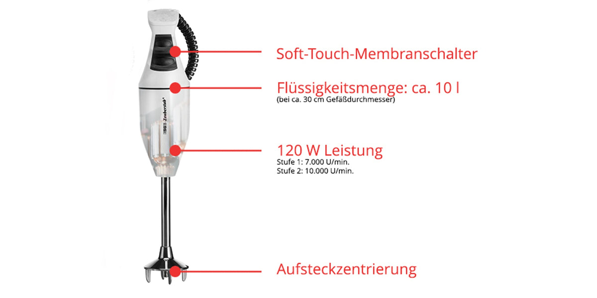Das ESGE-Zauberstab-Bundle E120 Select, ein Stabmixer der Marke ESGE-Zauberstab, verfügt über einen Soft-Touch-Schalter, zwei Geschwindigkeitsstufen (17.000/21.000 U/min), eine Leistung von 120 W, ein Fassungsvermögen von 10 l für Flüssigkeiten sowie eine aufsteckbare Zentrieraufsatzspitze – alle Beschriftungen sind auf Deutsch.