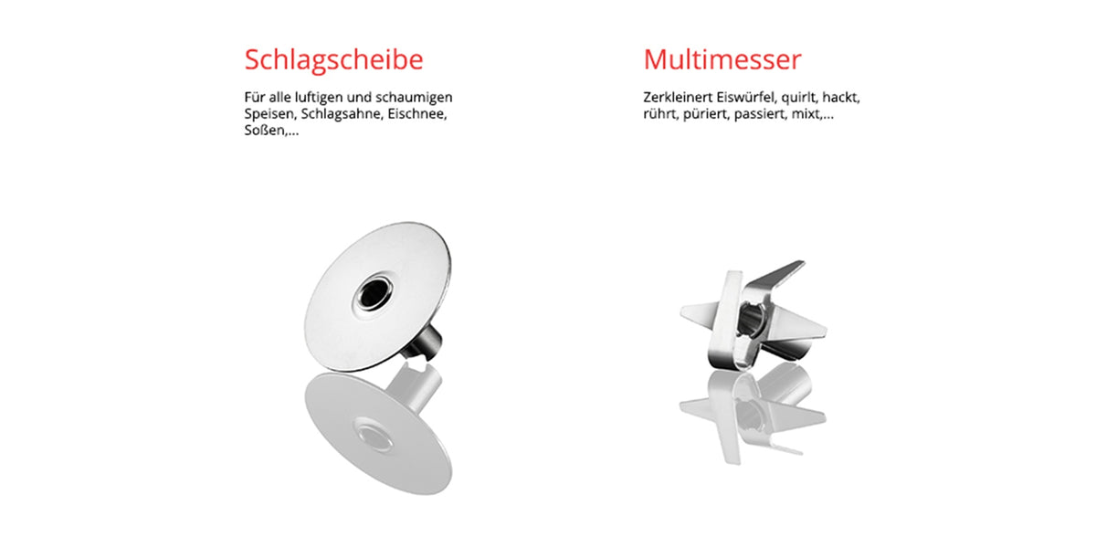 Zwei Mixeraufsätze aus Edelstahl aus dem ESGE-Zauberstab-Set „E120 Select“ von ESGE-Zauberstab auf weißem Hintergrund: eine Schlagscheibe (links) und ein Multimesser (rechts), jeweils mit einer kurzen deutschen Beschreibung darüber.