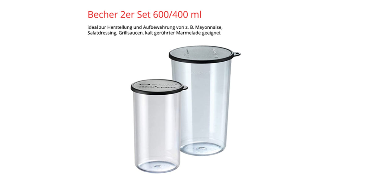 Zwei durchsichtige Kunststoffbehälter mit schwarzen Deckeln, einer mit einem Fassungsvermögen von 600 ml und der andere mit 400 ml, sind vor einem weißen Hintergrund abgebildet. Der darüber stehende deutsche Text beschreibt sie als zweiteiliges Set zur Aufbewahrung oder Zubereitung von Lebensmitteln, das für die Verwendung mit dem Stabmixer „ESGE-Zauberstab 901295 M 100“ von ESGE-Zauberstab konzipiert ist.