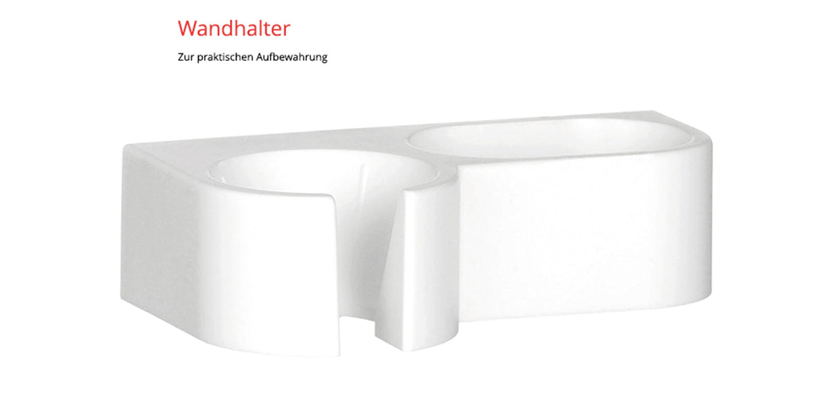 Ein ESGE-Zauberstab-Wandhalter aus weißem Kunststoff mit zwei runden Fächern und einem zentralen Schlitz ist vor einem einfarbigen Hintergrund abgebildet. Darüber steht in deutscher Sprache „Wandhalter“ und „Zur praktischen Aufbewahrung“. Das Produkt ist Teil des ESGE-Zauberstab-Sets E120 Select.